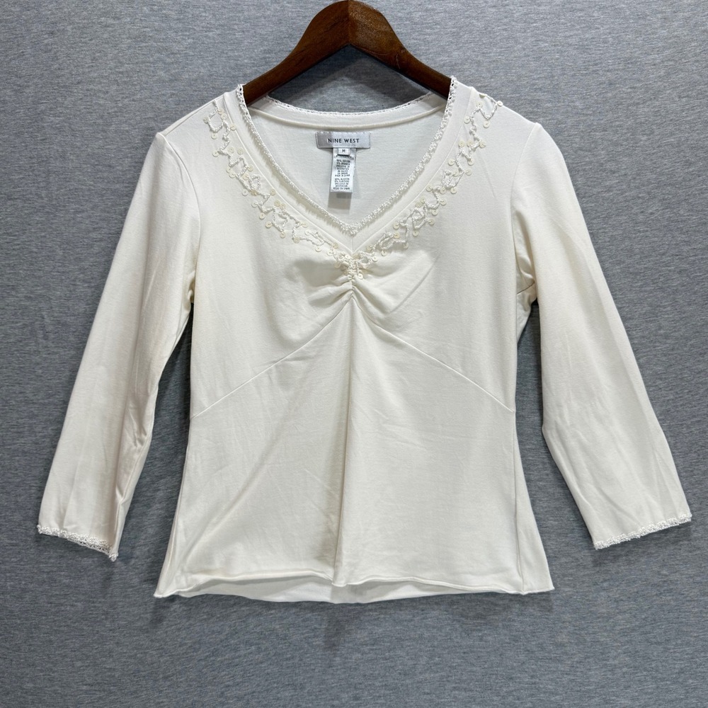 Nine West Top Womens M Cream Sequin Beads Trim V-Neck Y2K Fairycore Coquette